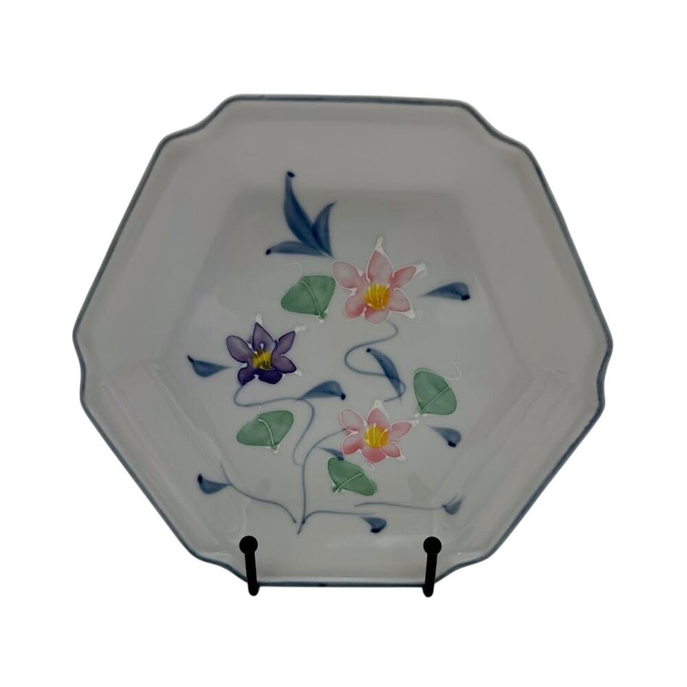 Vintage Japanese Hand Painted Floral Hexagonal Porcelain Plate, 7"